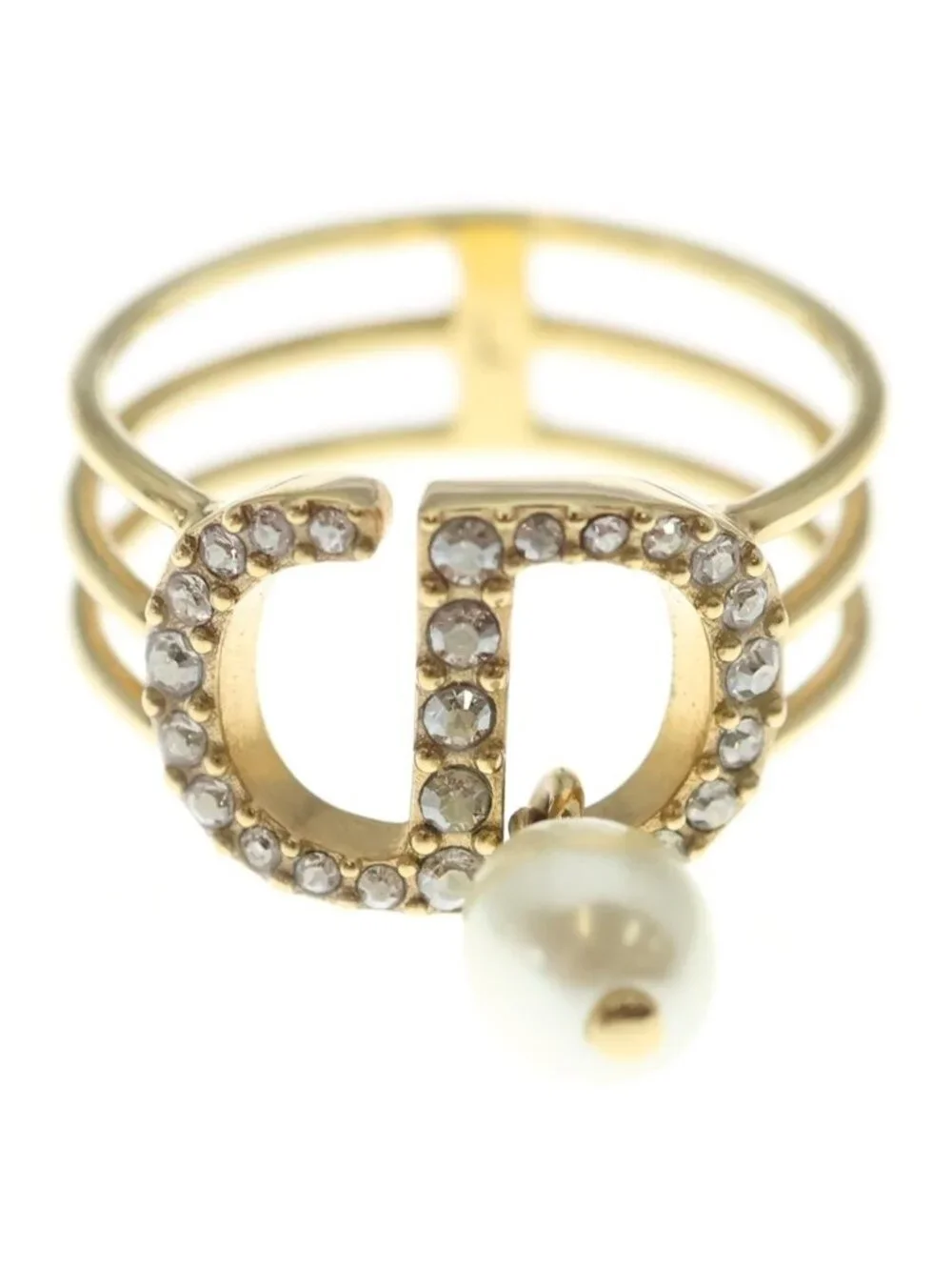 Dior CD Logo Rhinestone Faux Pearl Ring L Gold